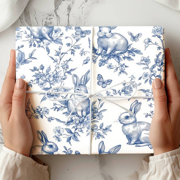 Blue Floral Bunny Wrapping Paper