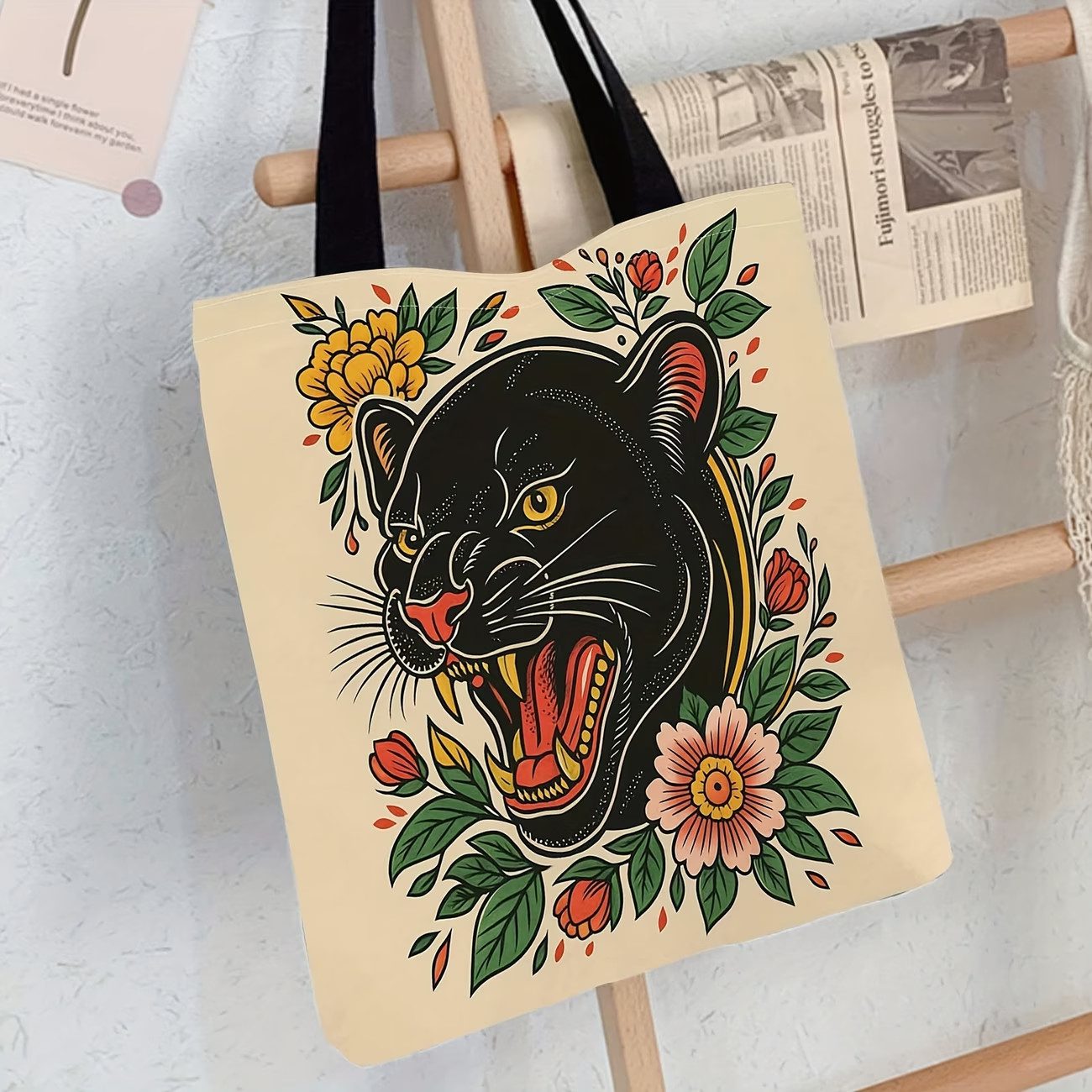 Vintage Panther & Floral Tattoo Tote Bag